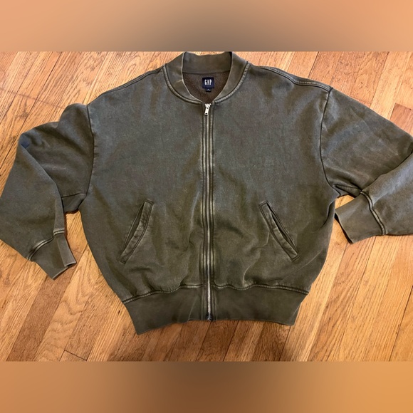 GAP Green Fleece Bomber Zip up Vintage Soft Relaxed Large Jacket Sweatshirt EUC! - Picture 1 of 10